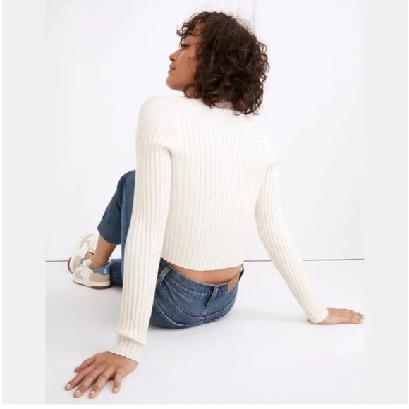 Madewell Brenville Crop Cardigan Wool Blend Sweater in Antique Cream Ribbed XS - Picture 3 of 11